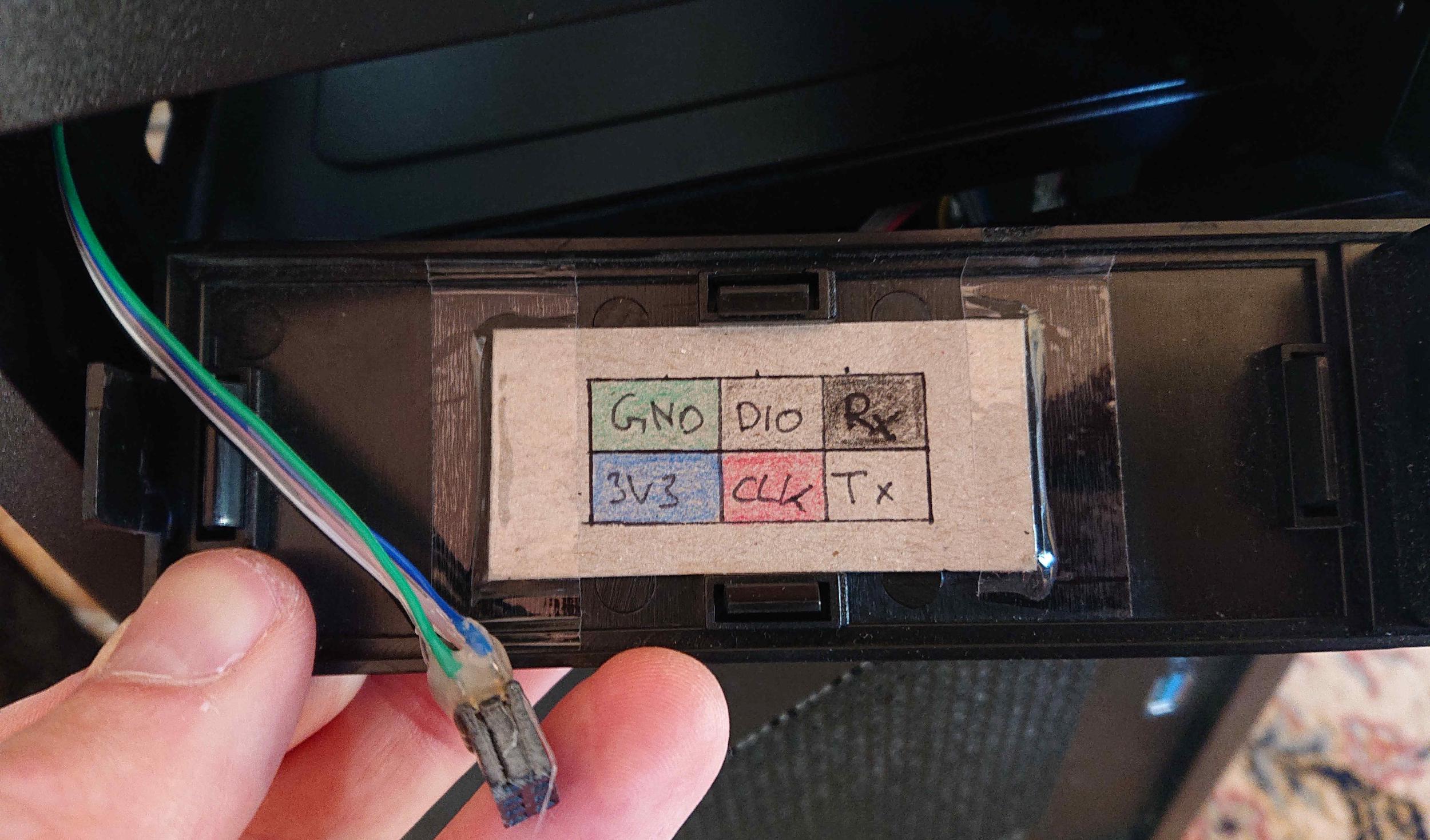 A coloured chart showing the pin mapping of the programming cable beneath it