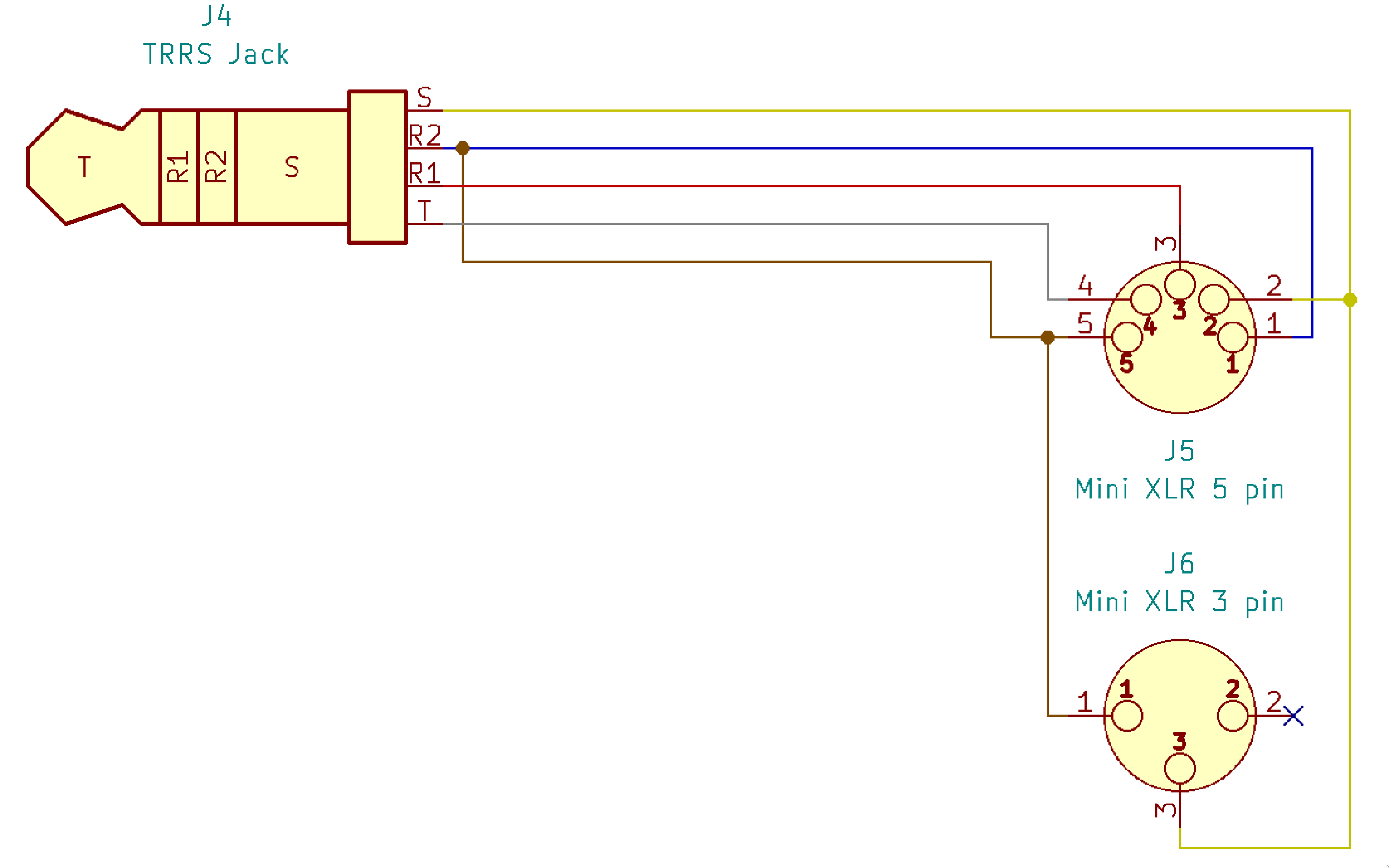 Schematic showing two XLR sockets and a jack plug with coloured wires running between them